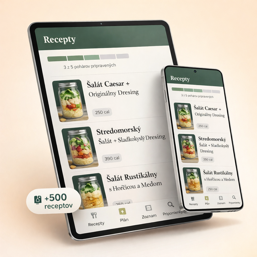 Aplikácia Metóda Správny Pohár na tablete a mobile s viac ako 500 receptmi na šaláty v pohári